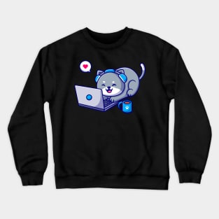 Cute Cat Working On Laptop Cartoon Crewneck Sweatshirt